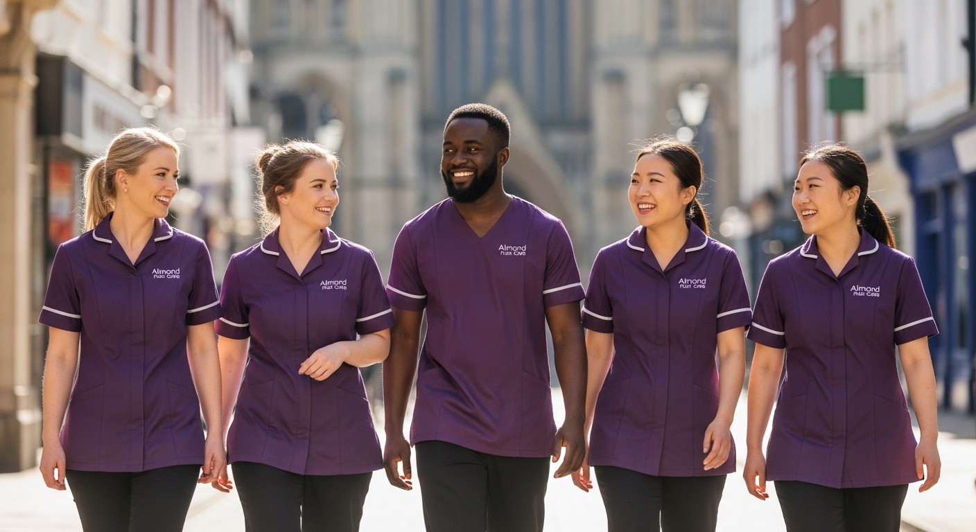 A South Asian Almond Flex Care carer walking confidently through a Durham neighbourhood on a sunny morning — representing the pride, purpose, and rewarding daily work of a care career at Almond Flex Care