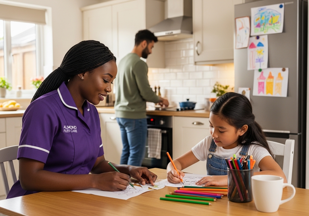 A Black African Almond Flex Care support worker doing a colouring activity with a young girl at her Durham family kitchen table while her father prepares breakfast — illustrating the family-centred approach to children's home care