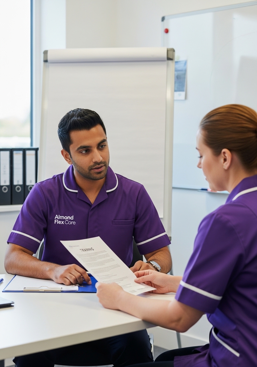 An Almond Flex Care manager reviewing child safeguarding training with a support worker in the Durham office — representing the rigorous safeguarding standards applied to all children's home care services