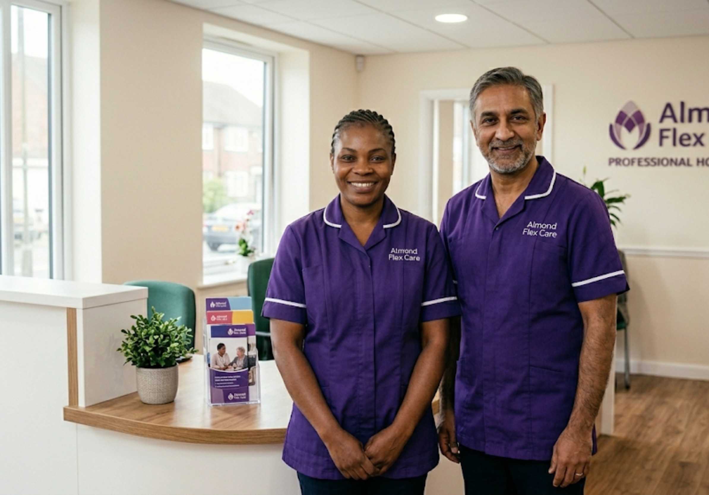 A White European Almond Flex Care team member welcoming a visitor at the Durham office door — representing the warm, approachable, and professional team ready to assist with all home care enquiries
